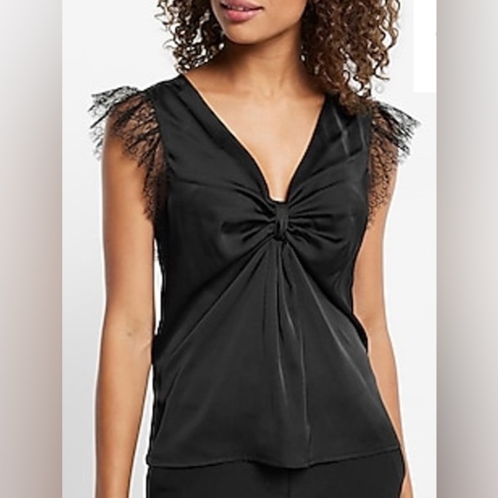 Express Satin V-Neck Knot Flutter Lace Sleeve Top